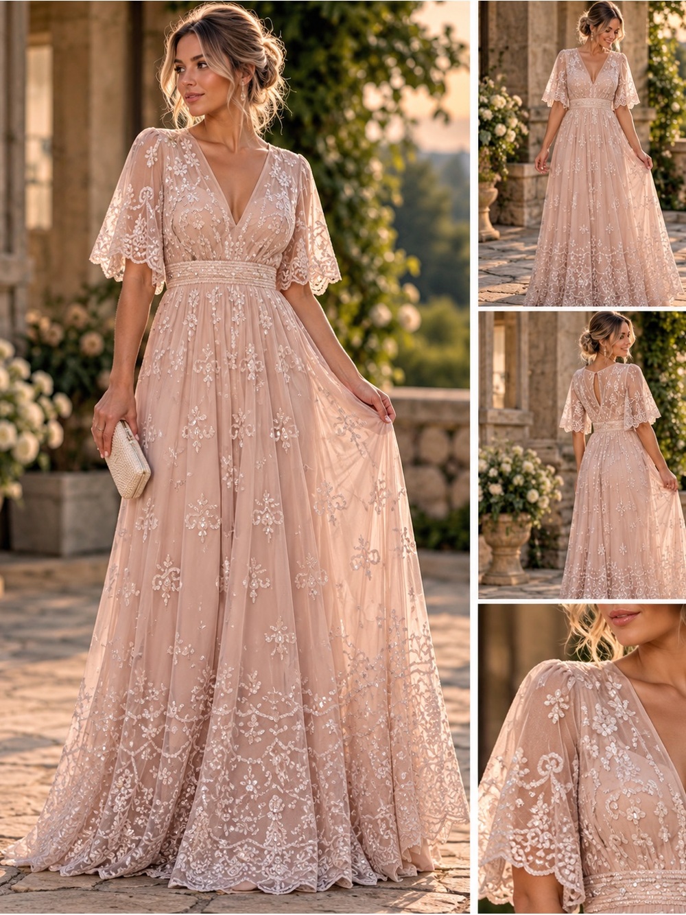 Mac Duggal Blush Floral Embroidered Maxi Gown